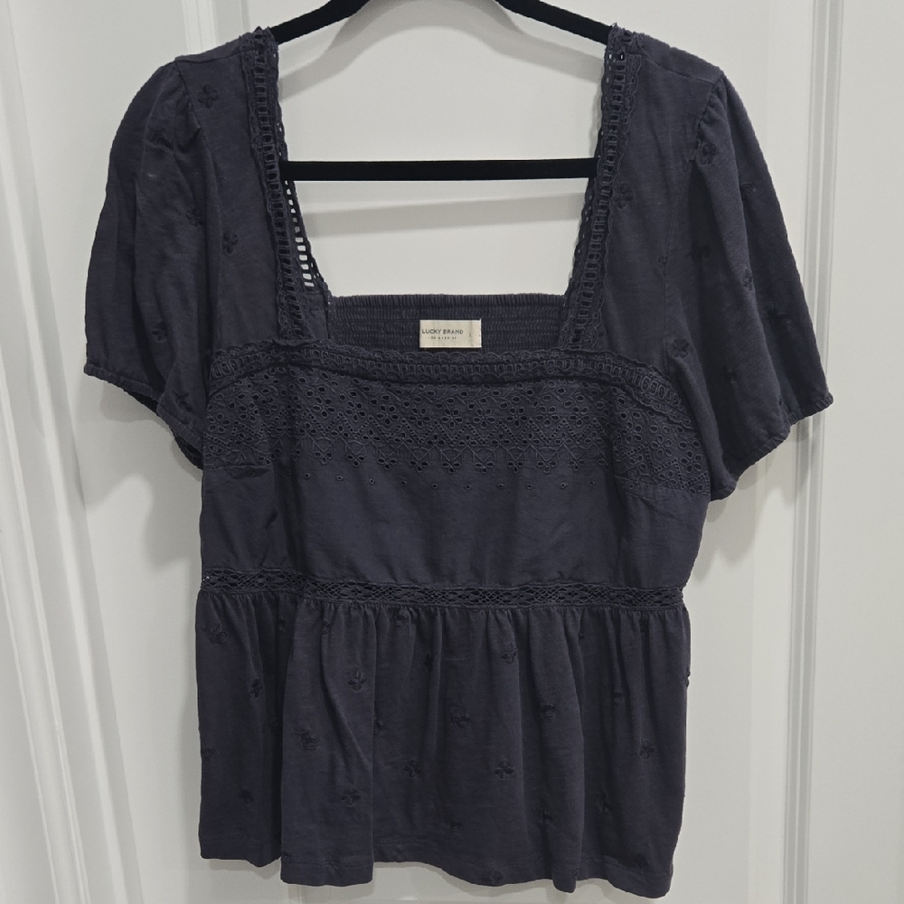 Lucky Brand Navy Blouse with Lace Detail